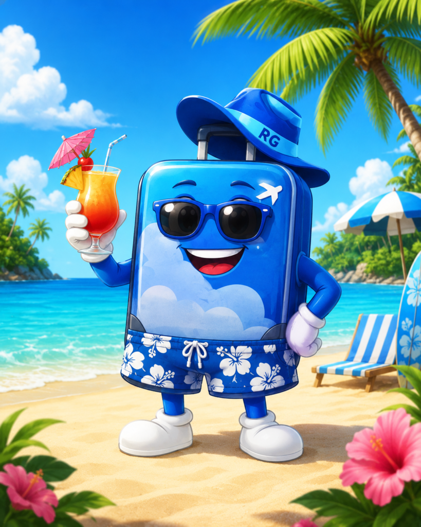 Regi la maleta mascota Turismo RG vestido de vacaciones en el Caribe con sombrero, lentes de sol y trago tropical en la playachatgpt image 17 ago 2026 19 10 23